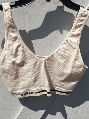 Lucky Brand Cream Ribbed Sports Bralette with Logo Band Plus Size 1X